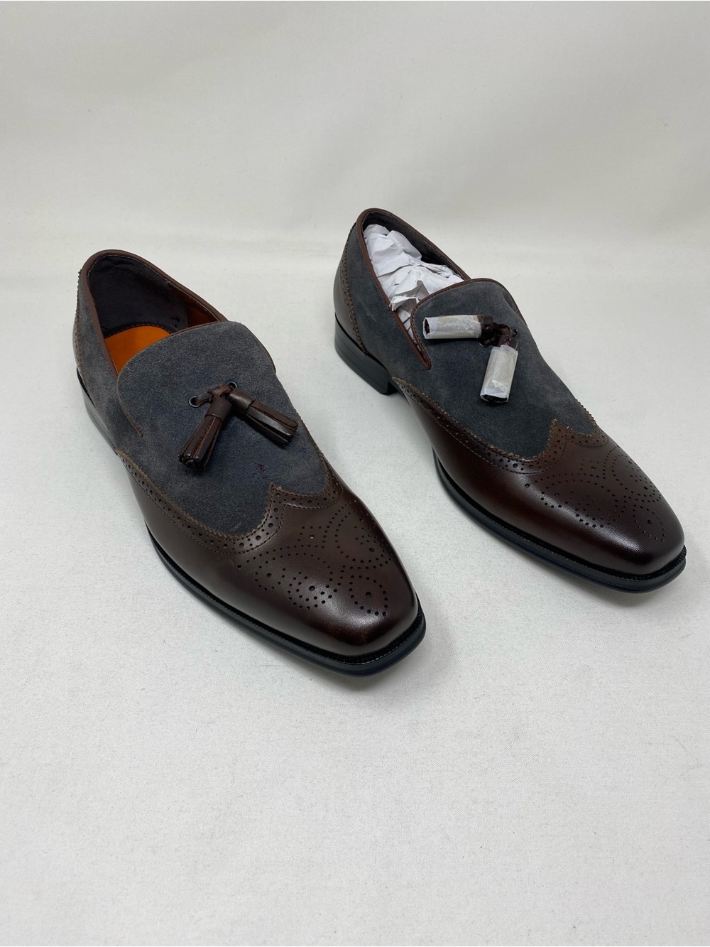 TALLIA Brown Leather and Gray Suede Tassel Loafers Size 9